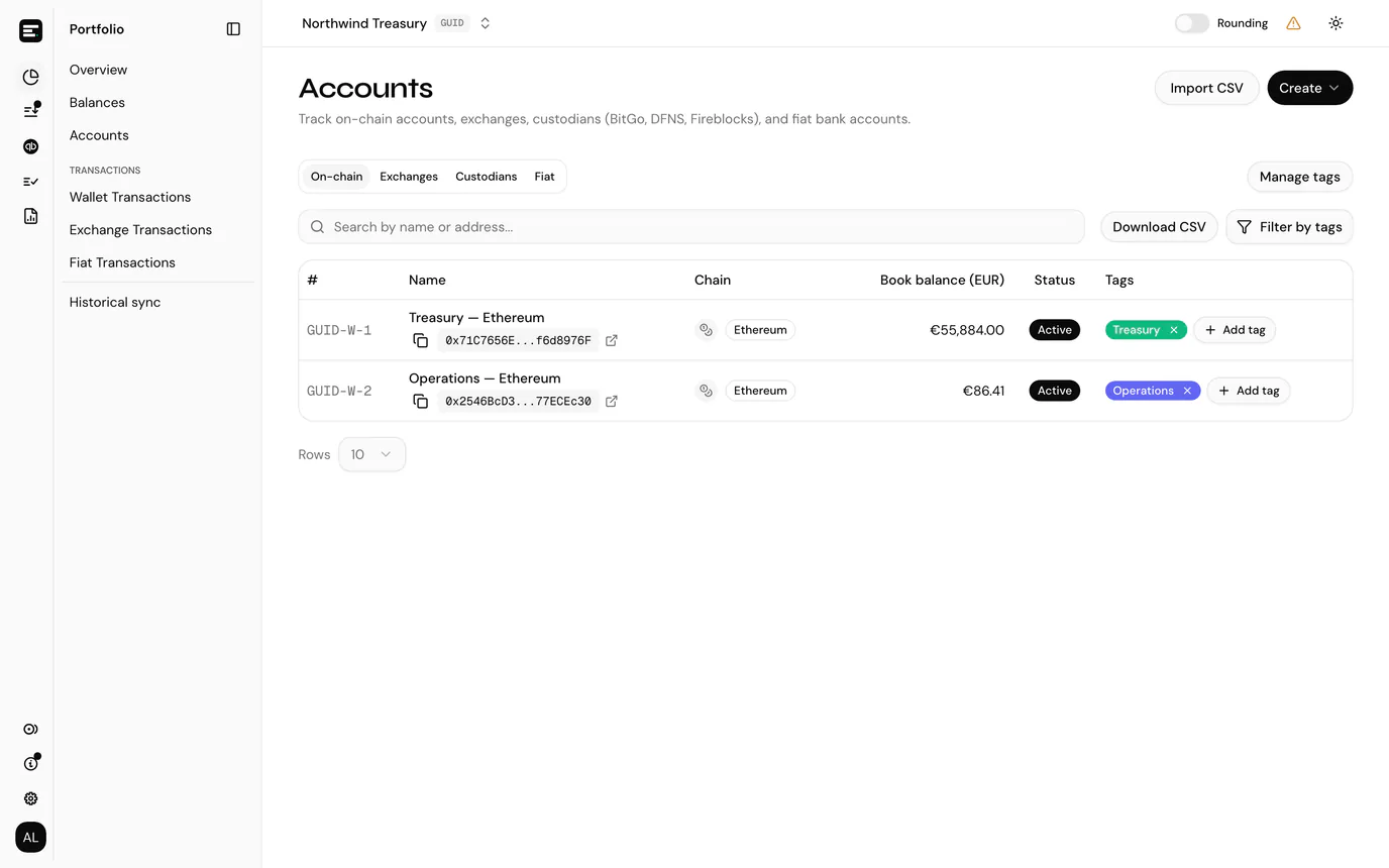 The accounts list