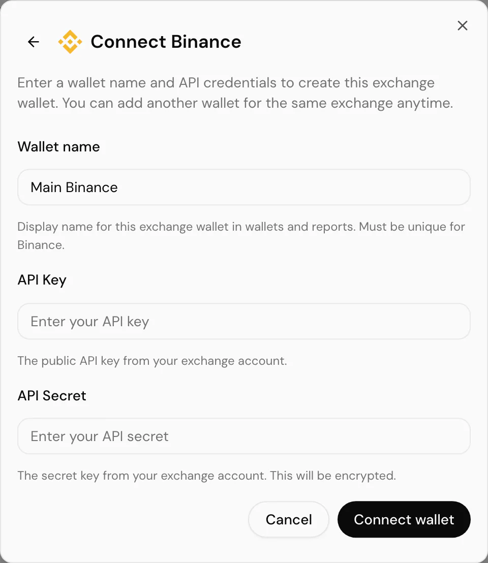 Entering exchange API credentials