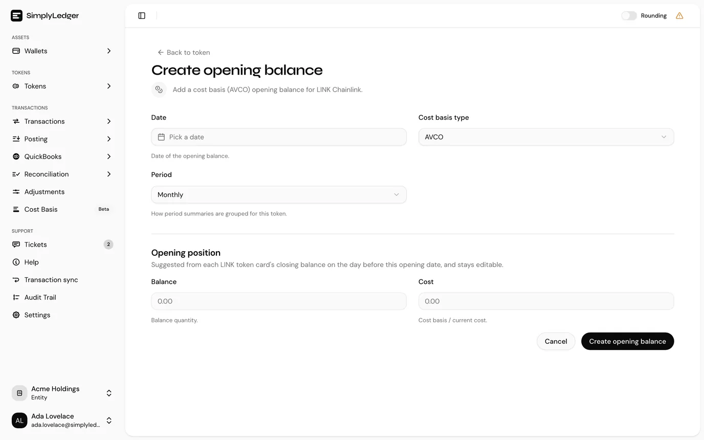 The cost basis opening balance form