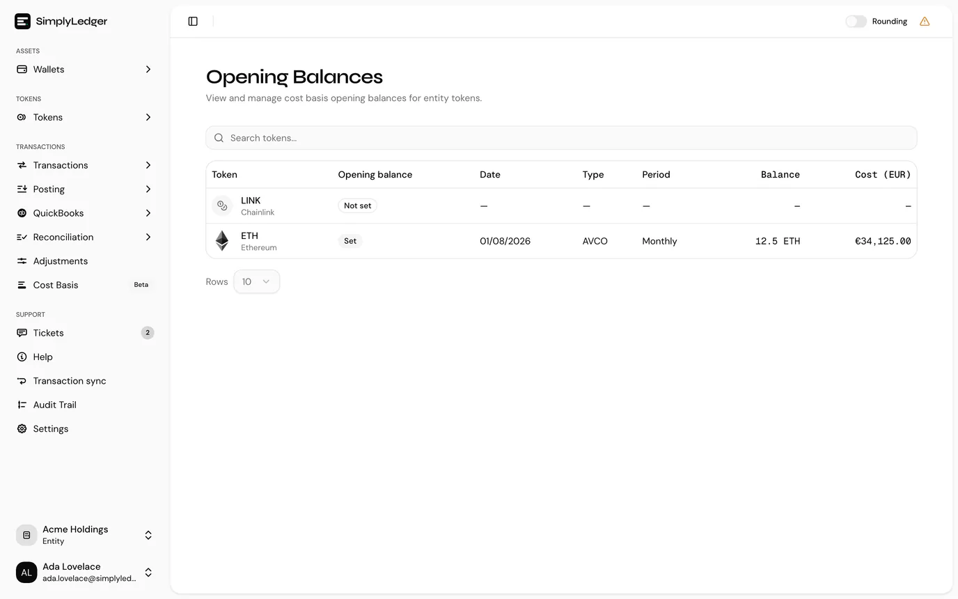 Cost basis opening balances per token