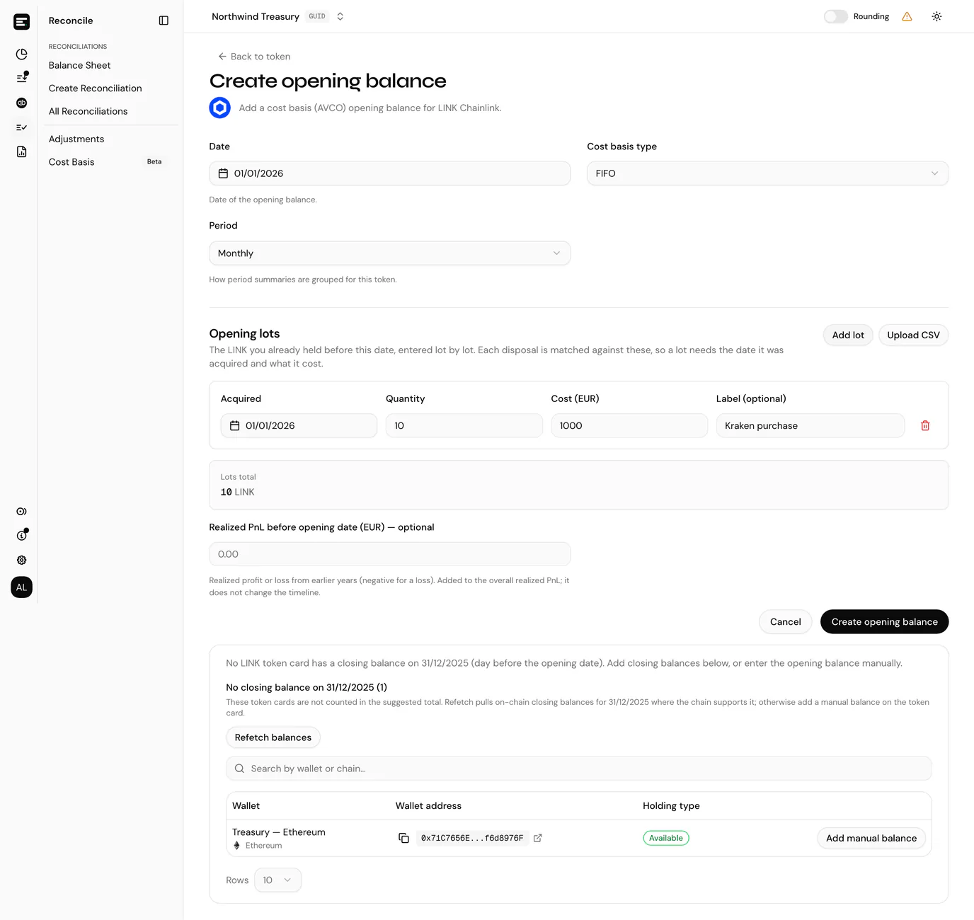 Opening lots on the create form