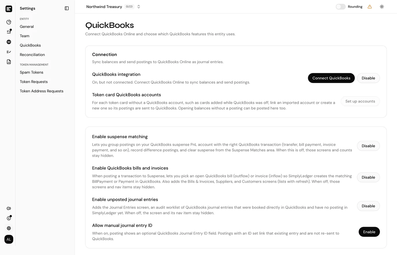 The QuickBooks settings page