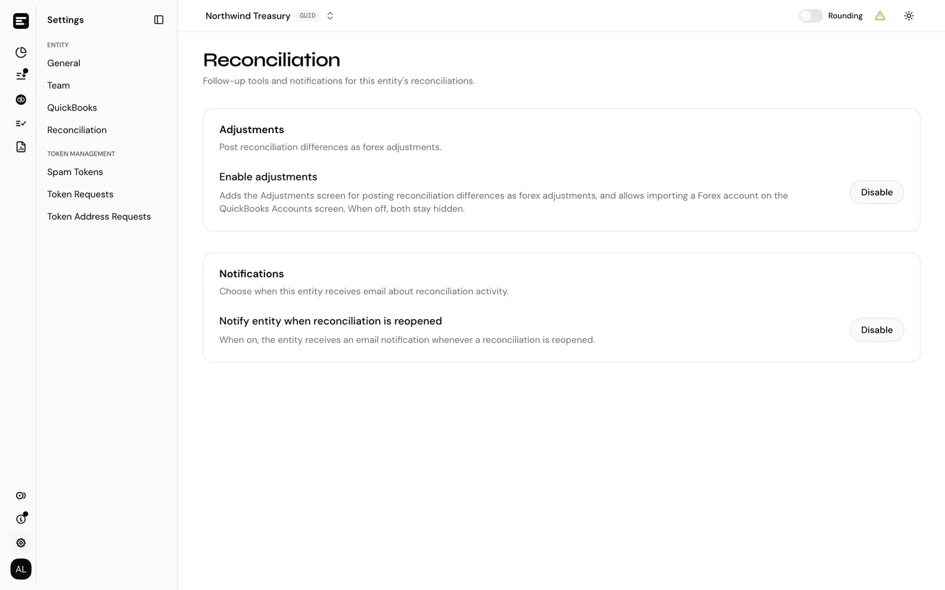 The Reconciliation settings page