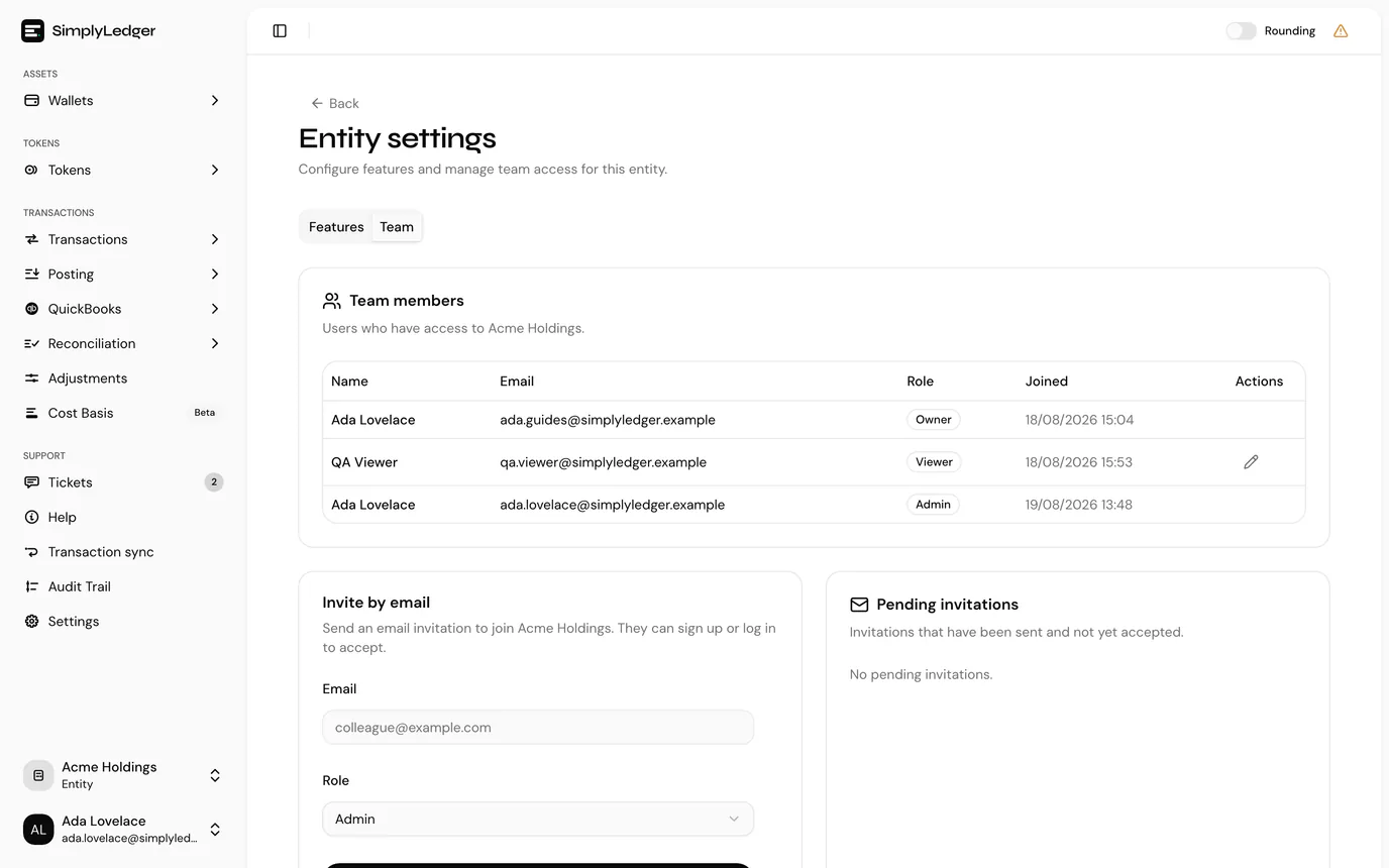 Team management under entity settings