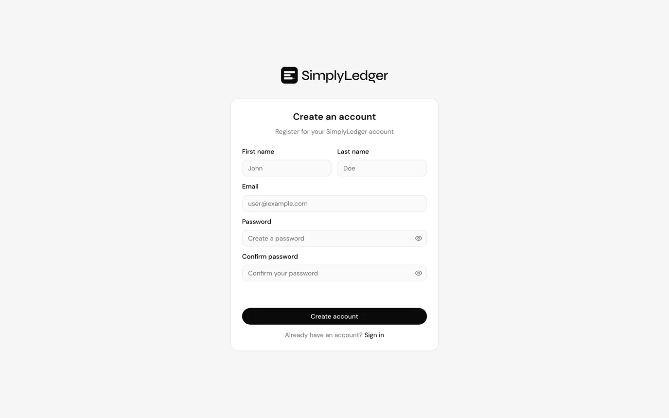 The SimplyLedger registration form