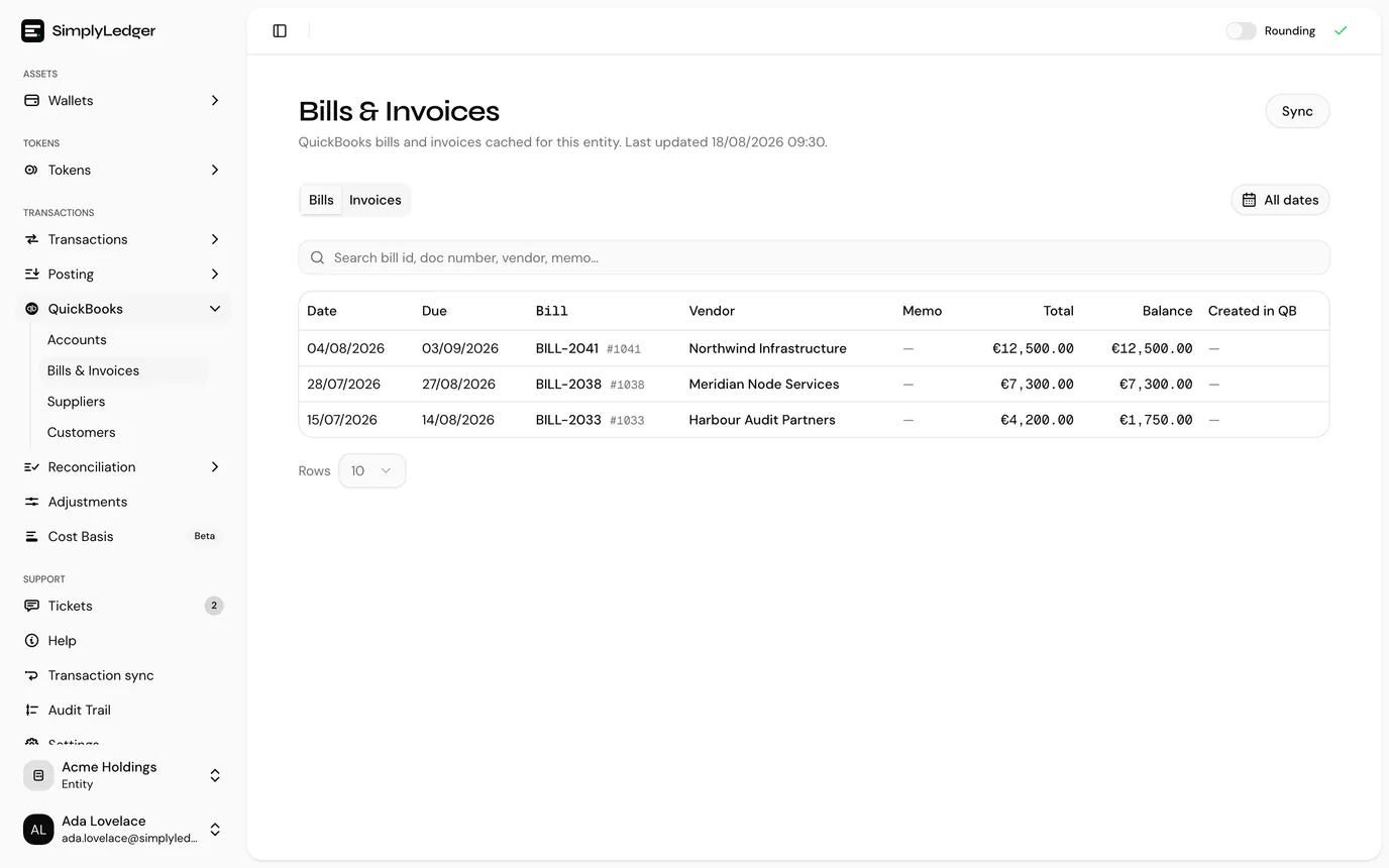 Cached QuickBooks bills for the entity