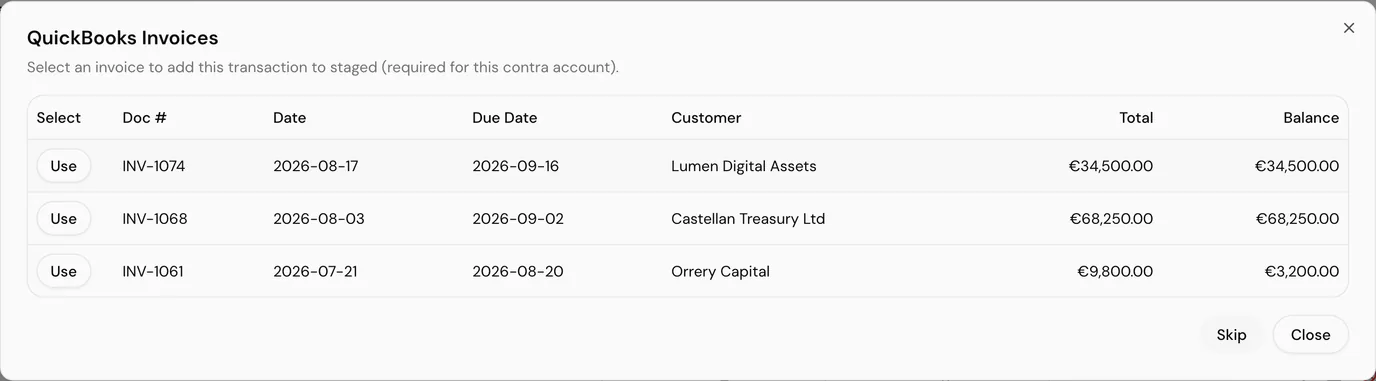 Choosing the QuickBooks document to settle