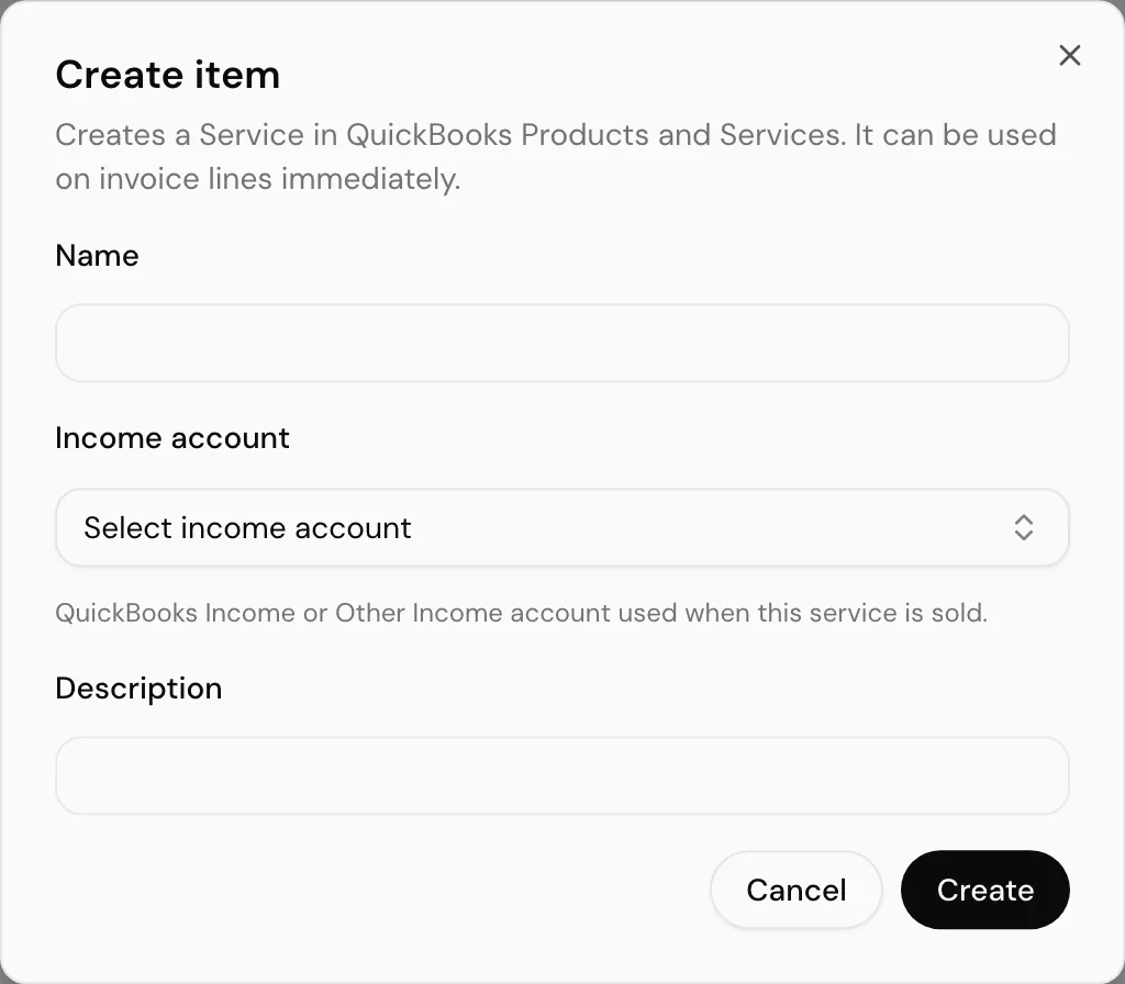 Creating a QuickBooks item from the invoice form