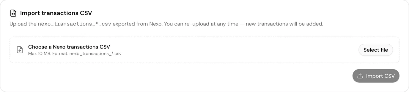 The Nexo CSV upload area