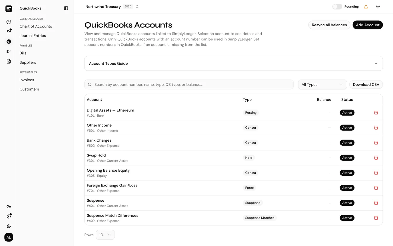 The QuickBooks accounts list