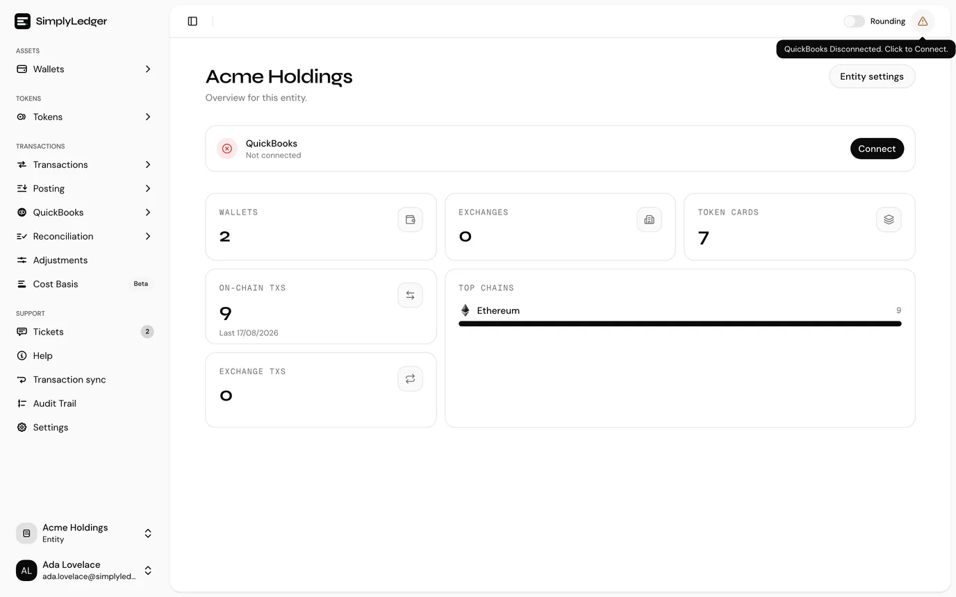 The QuickBooks connection status