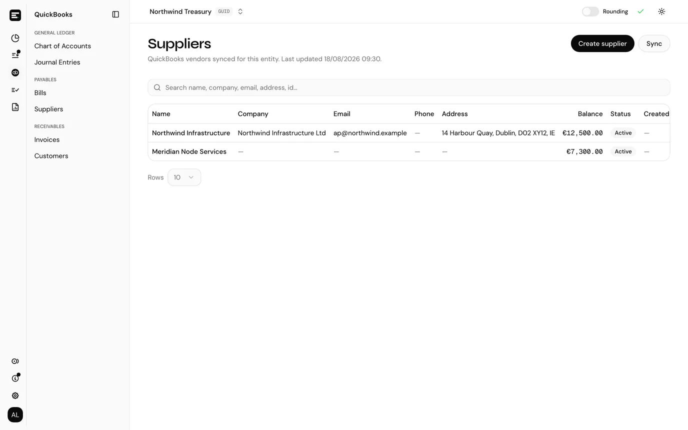 Cached QuickBooks suppliers for the entity