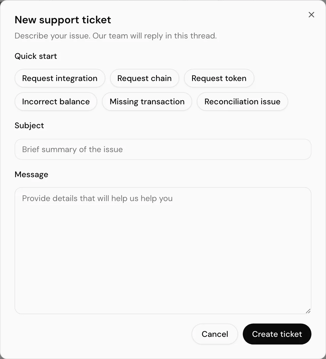 The new support ticket dialog