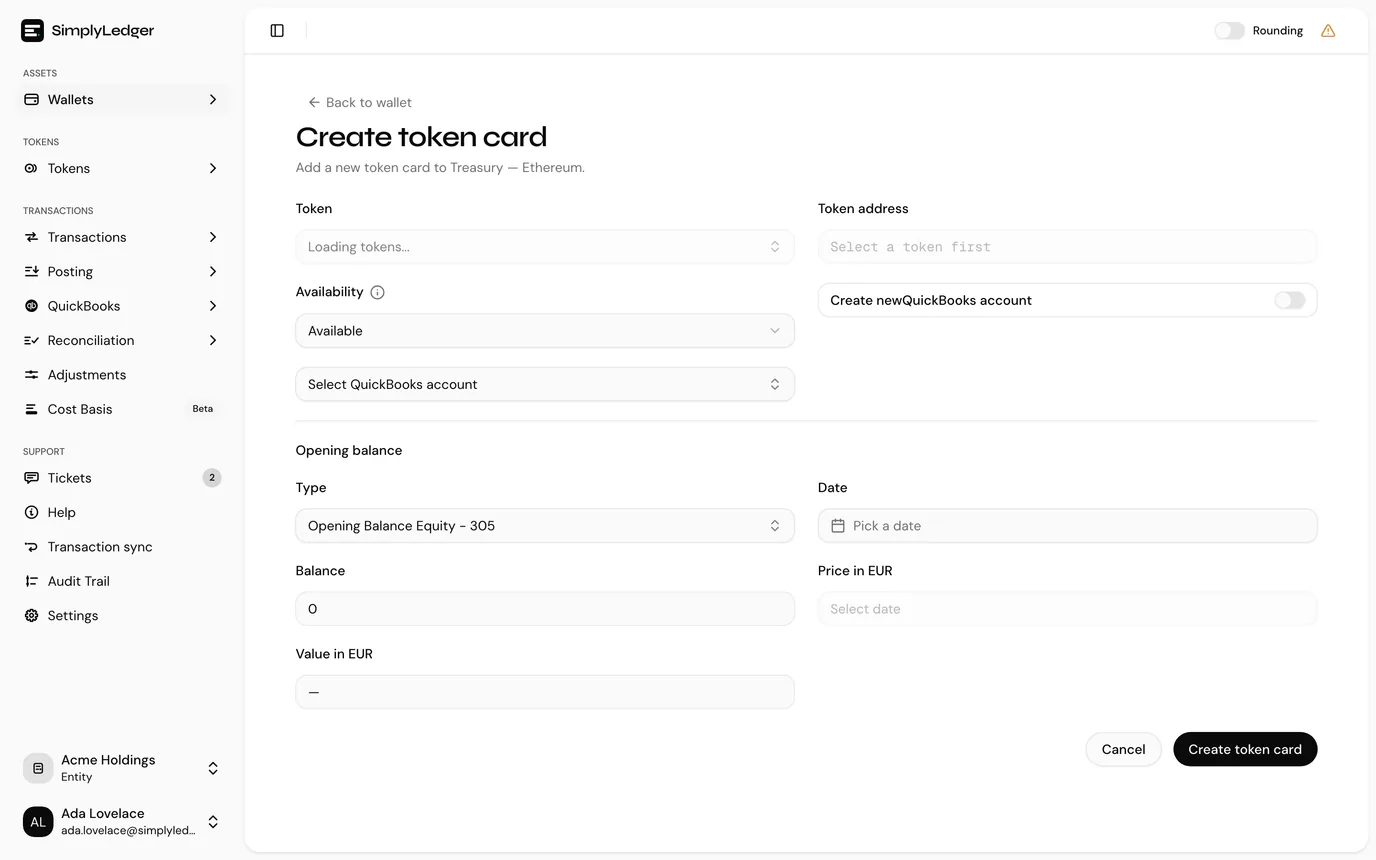 The create token card form
