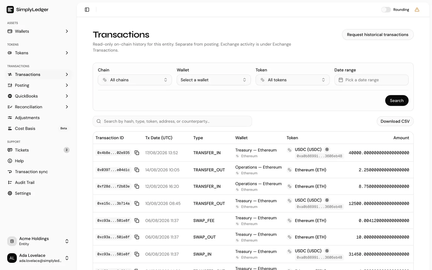 The transactions list