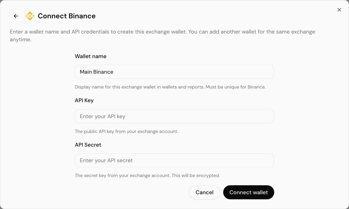 Entering exchange API credentials