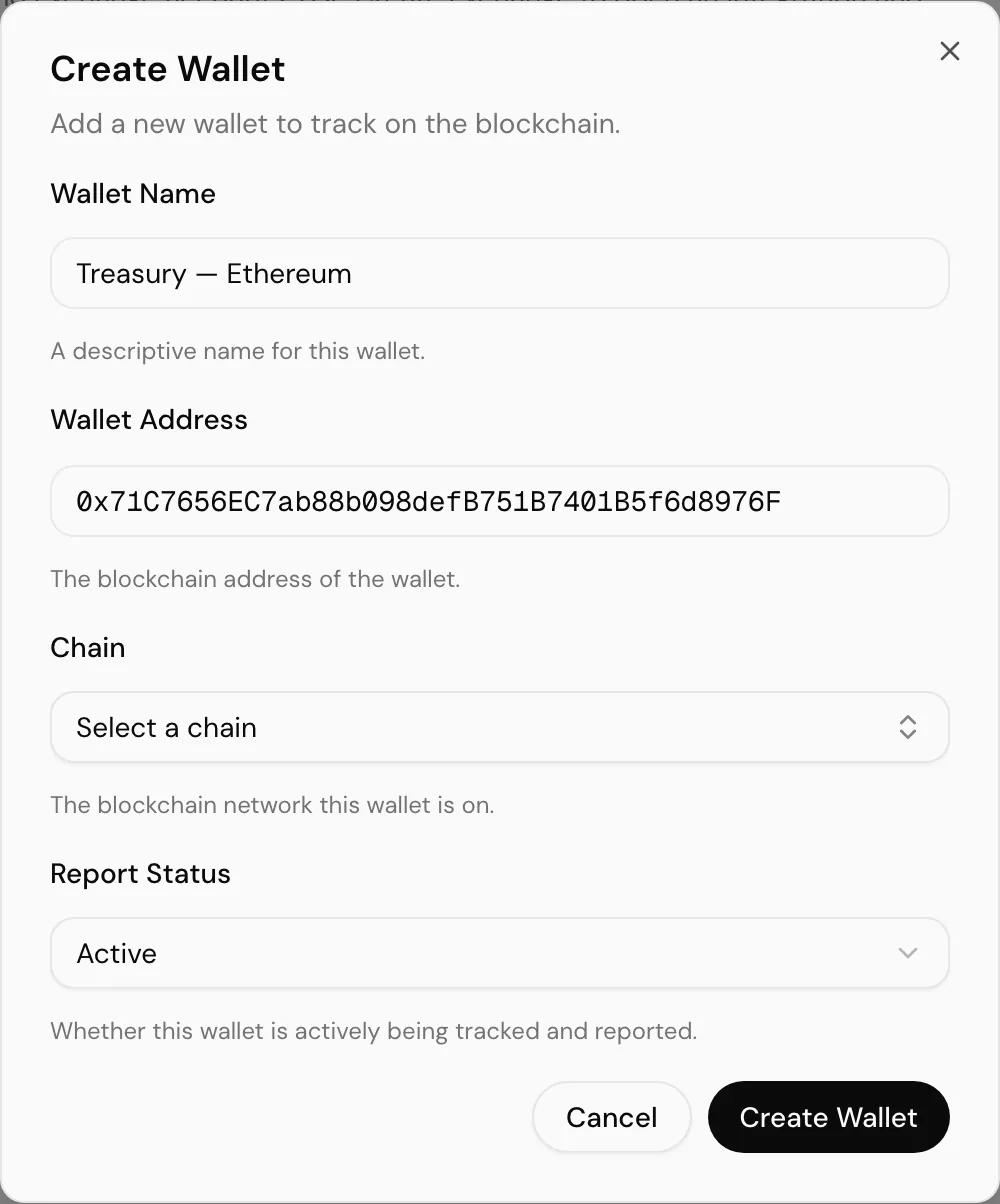 The create wallet dialog filled in