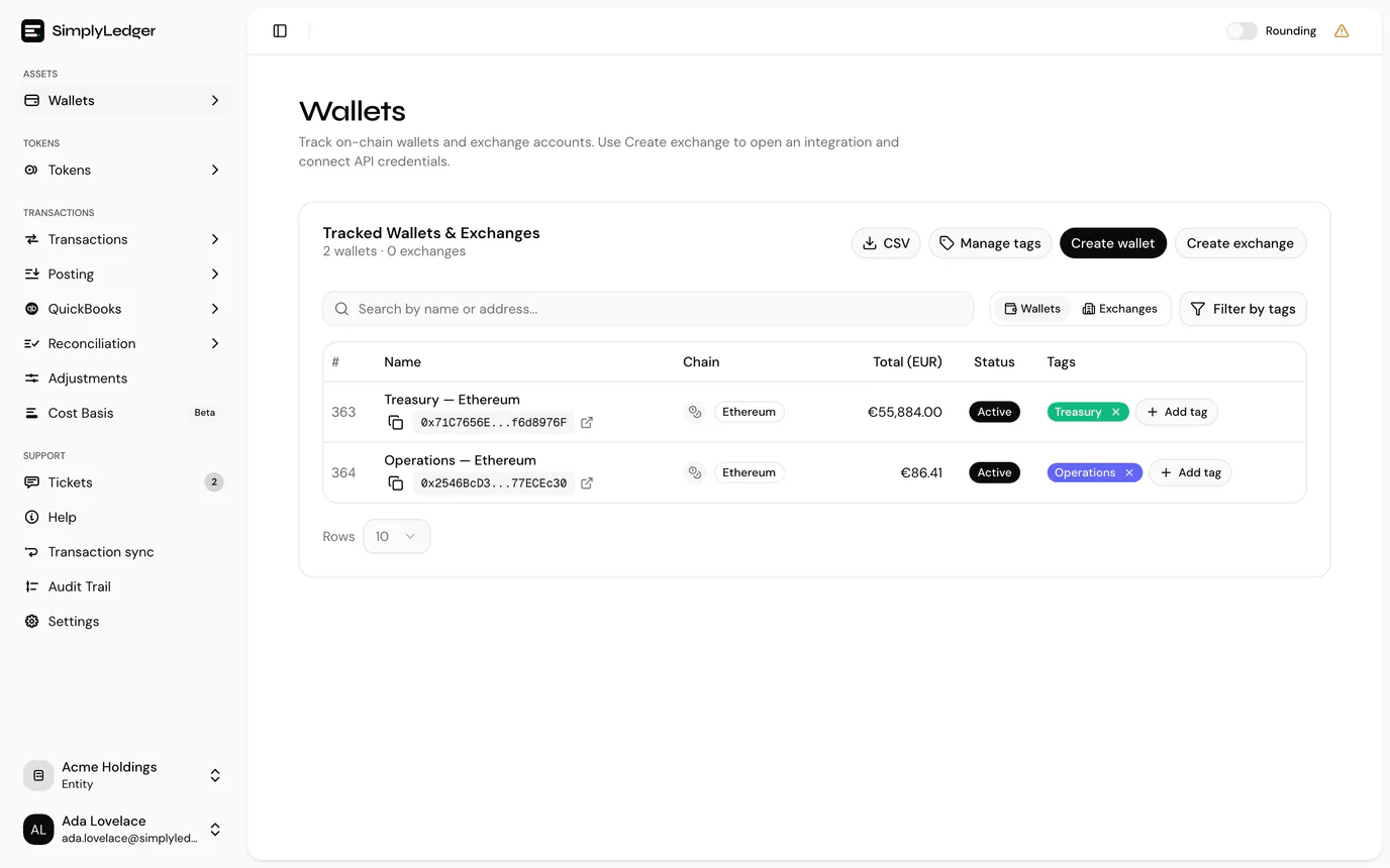 The wallets list